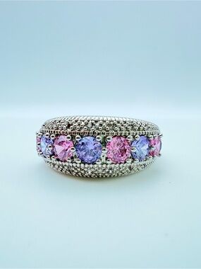Silver Tone Pink Purple Crystal Band Ring Size 8.5 - 9 Statement Cocktail Ring